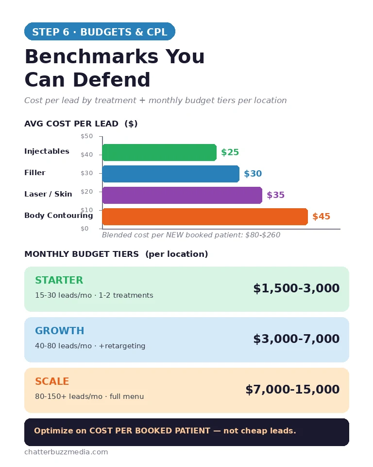 Med spa Facebook ads cost per lead benchmarks and monthly budget tiers by treatment and location