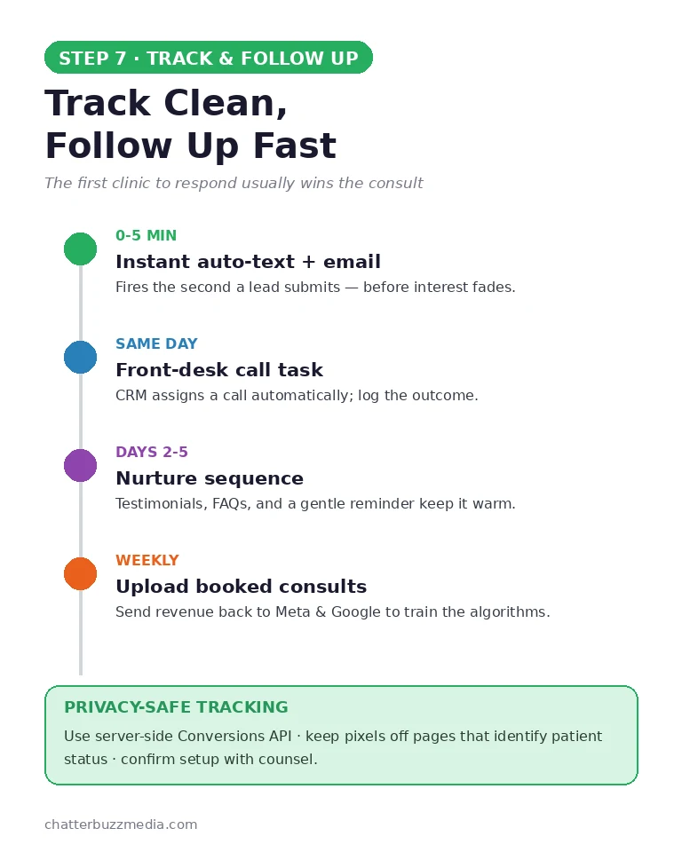 Med spa lead tracking and follow-up timeline with speed to lead and HIPAA-safe Conversions API tracking