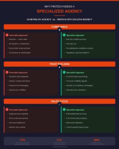 Comparison diagram showing generalist agency versus fintech-specialized agency across compliance, trust building, and sales cycle dimensions