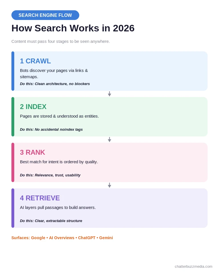 SEO best practices 2026 search flow showing crawl, index, rank, and AI retrieval stages
