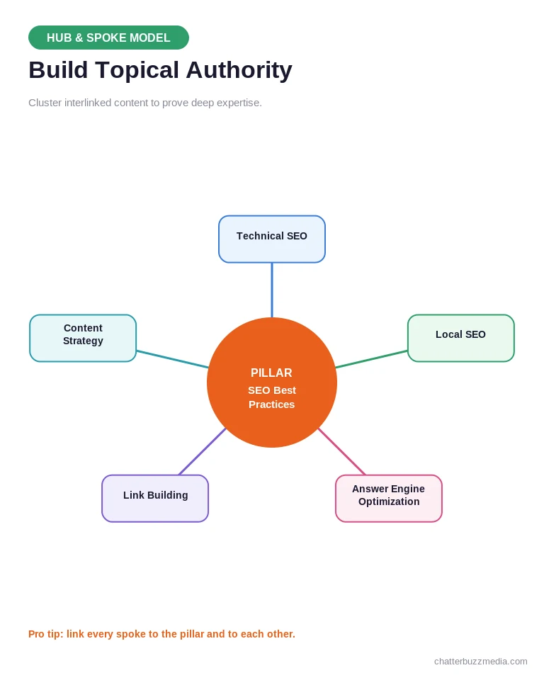 Topical authority hub and spoke model for SEO best practices content clusters