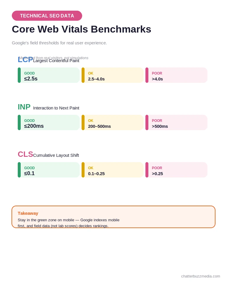 Core Web Vitals benchmarks chart: LCP, INP, and CLS thresholds for technical SEO