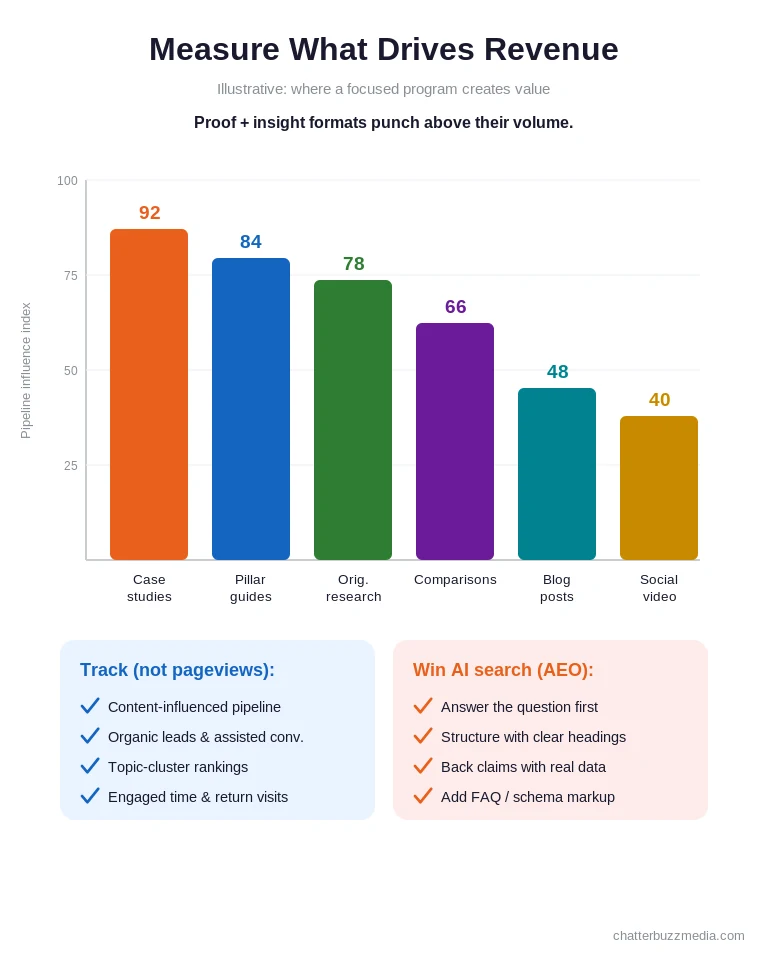 B2B content marketing ROI chart comparing pipeline influence by content type with AEO and measurement checklists