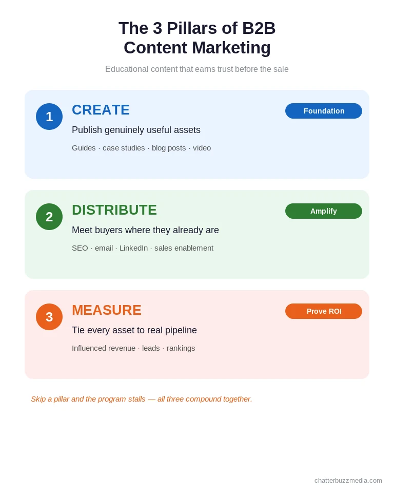 Three pillars of B2B content marketing infographic: create, distribute, and measure educational content