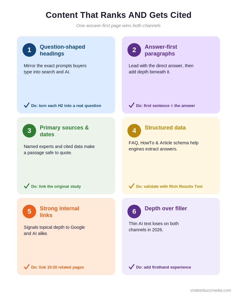 Numbered playbook grid showing how to write content that both ranks in Google and gets cited by AI, including answer-first headings, schema, and primary sources