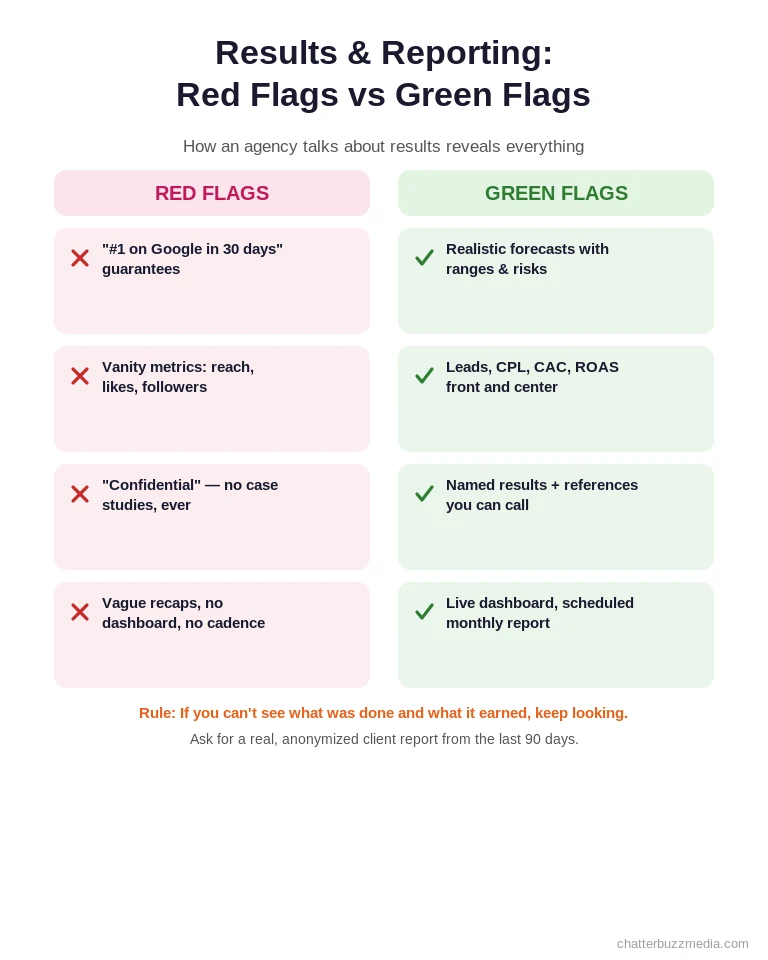 Marketing agency red flags vs green flags in results and reporting