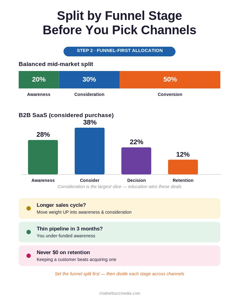 Marketing budget split by funnel stage: 20 percent awareness, 30 consideration, 50 conversion