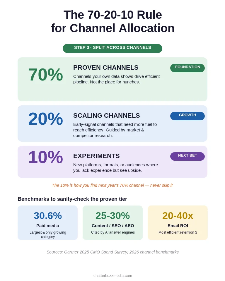The 70-20-10 rule for marketing budget allocation across proven, scaling and experimental channels