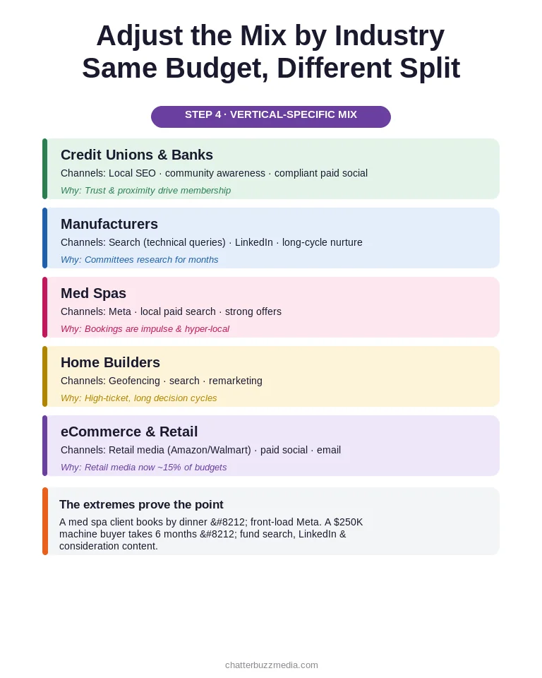 Marketing budget allocation by industry vertical showing different channel mixes