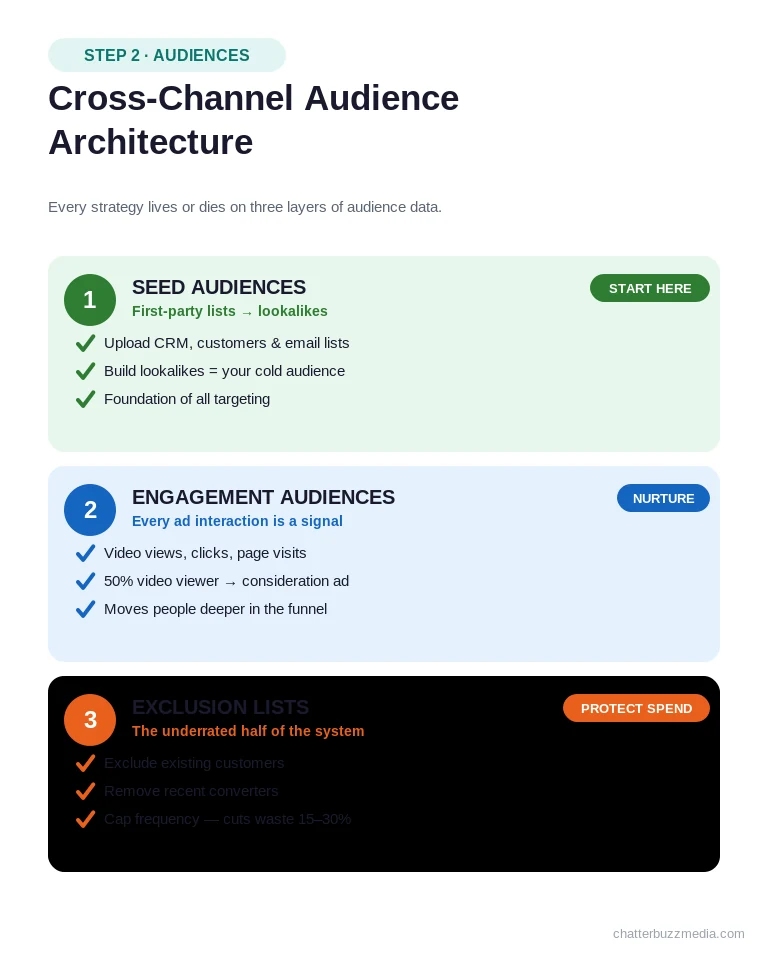 Cross-channel paid media audience architecture with seed, engagement, and exclusion audiences