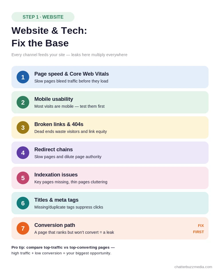 Website and technical SEO audit checklist of budget leaks: page speed, broken links, redirects, indexation, meta tags, and conversion path