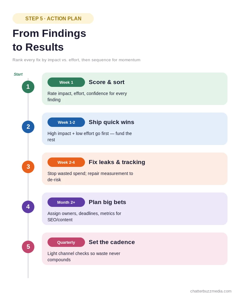 Digital marketing audit action plan timeline prioritizing fixes by impact versus effort from quick wins to a quarterly cadence