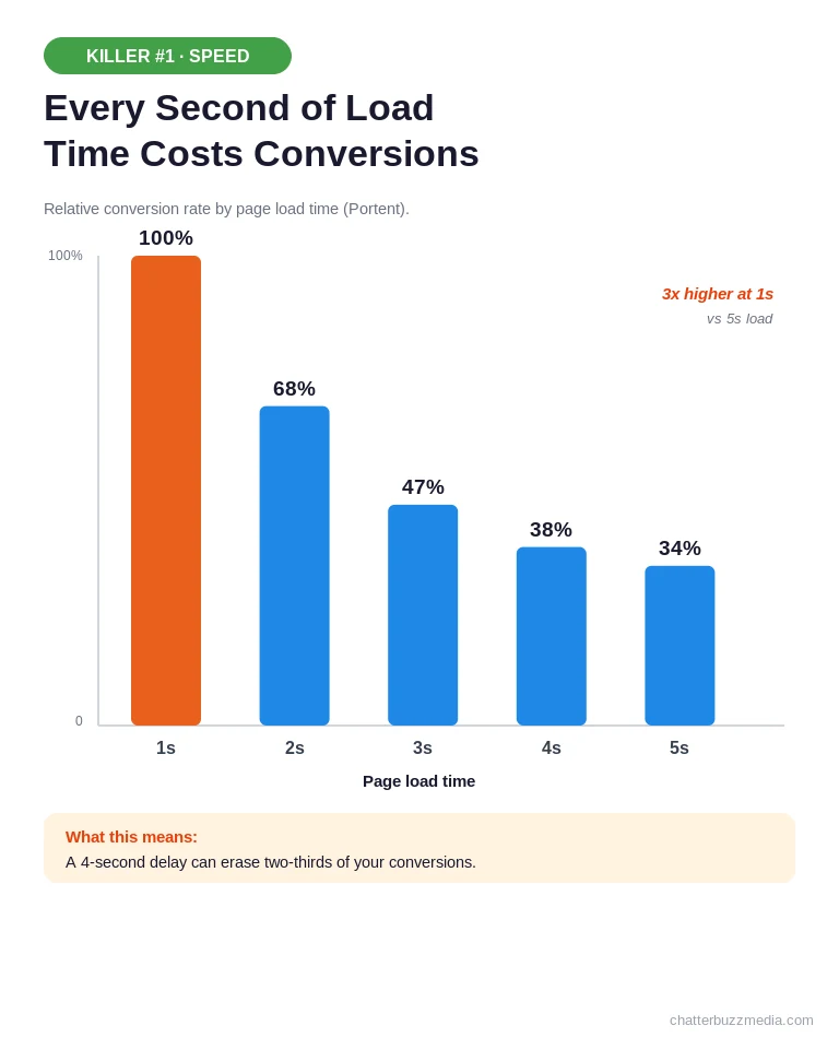 CRO audit chart showing conversion rate dropping as page load time increases from 1 to 5 seconds