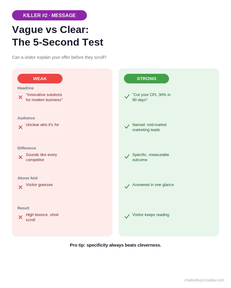 Website conversion audit comparison of a vague versus a clear value proposition