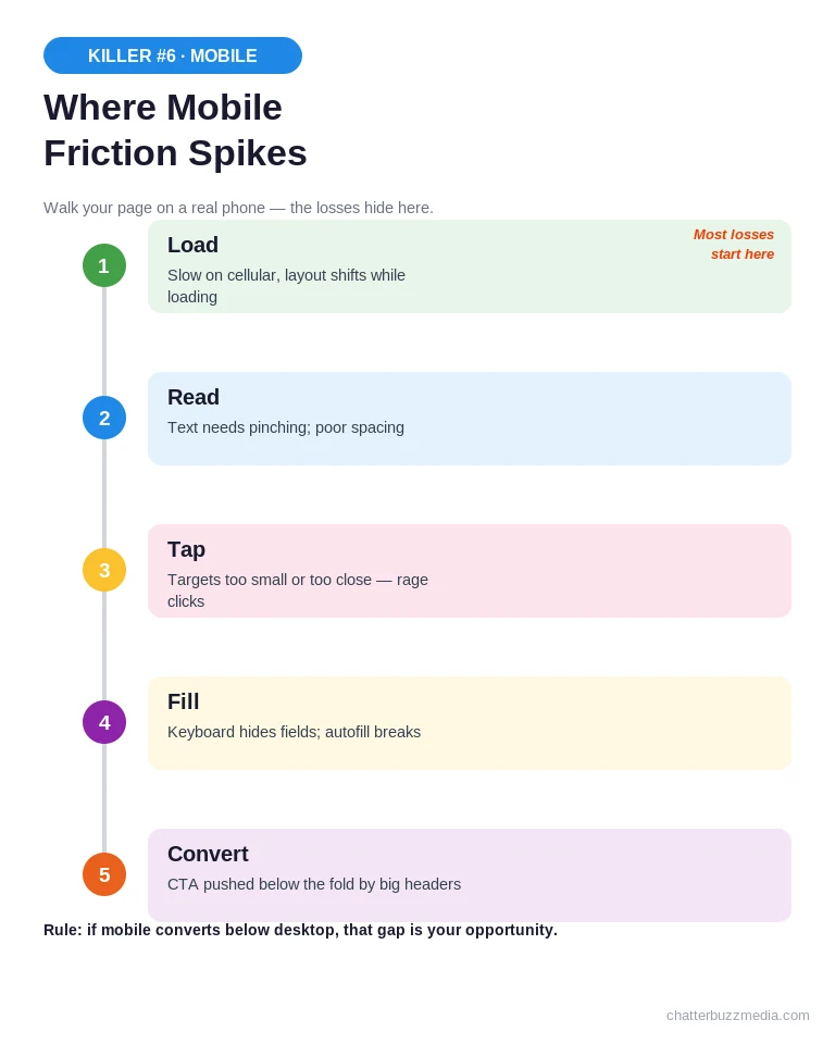 CRO audit mobile friction journey showing where mobile conversions break down