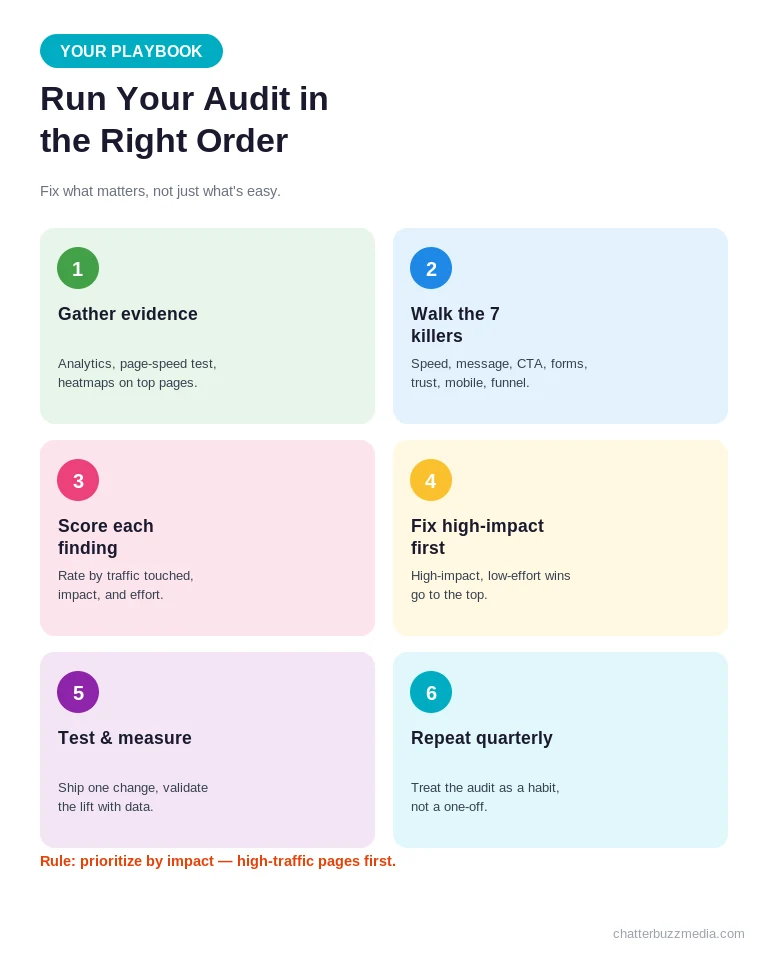 CRO audit playbook showing the six-step order to run a website conversion audit