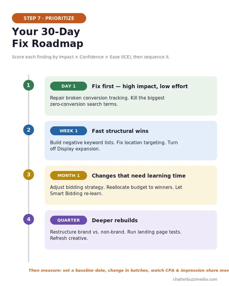 Google ads audit 30-day prioritized fix roadmap