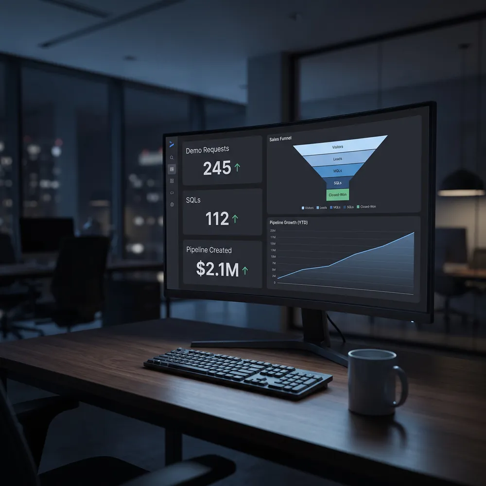 B2B technology marketing agency — SaaS dashboard showing demo requests, SQLs and pipeline growth from demand generation