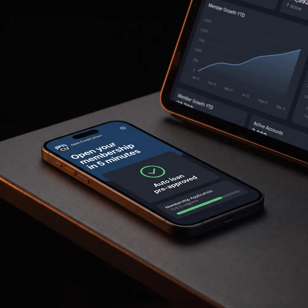 Credit union marketing agency — mobile banking app showing new membership sign-up and auto loan pre-approval, with member growth chart