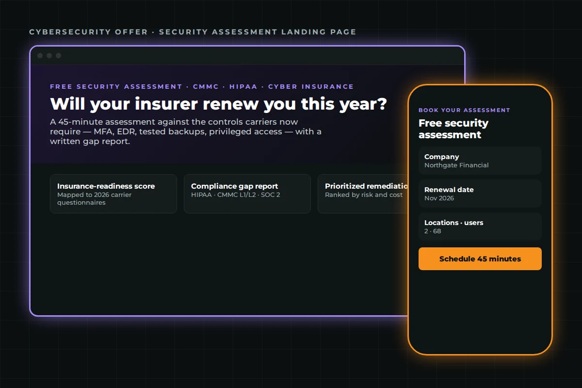 Cybersecurity marketing for MSPs and MSSPs — security assessment landing page on desktop and mobile
