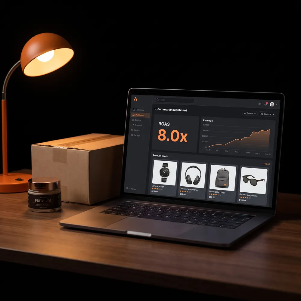 eCommerce marketing agency — revenue dashboard showing 8x ROAS and Google Shopping product ads