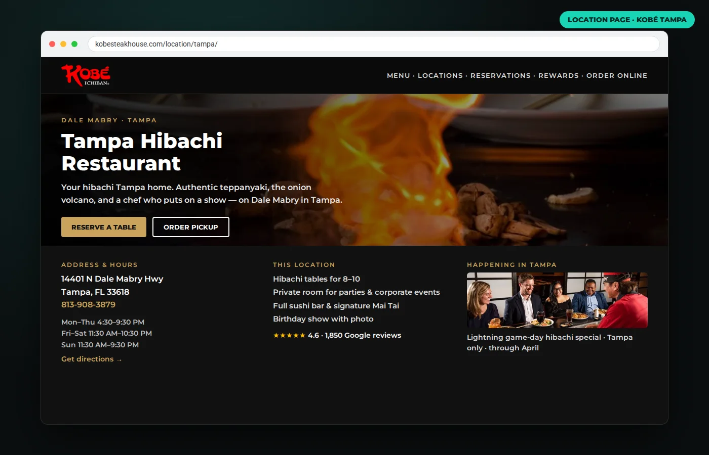 Franchise website location page — Kobé Japanese Steakhouse Tampa on Dale Mabry with local address, hours, reviews and reservation buttons