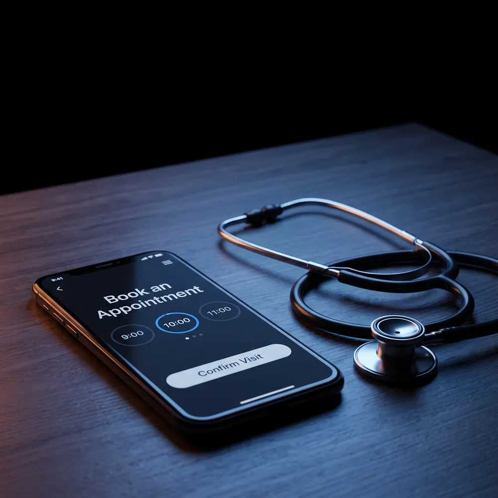 Healthcare marketing agency — clinic appointment booking page on a smartphone converting a new patient, beside a stethoscope