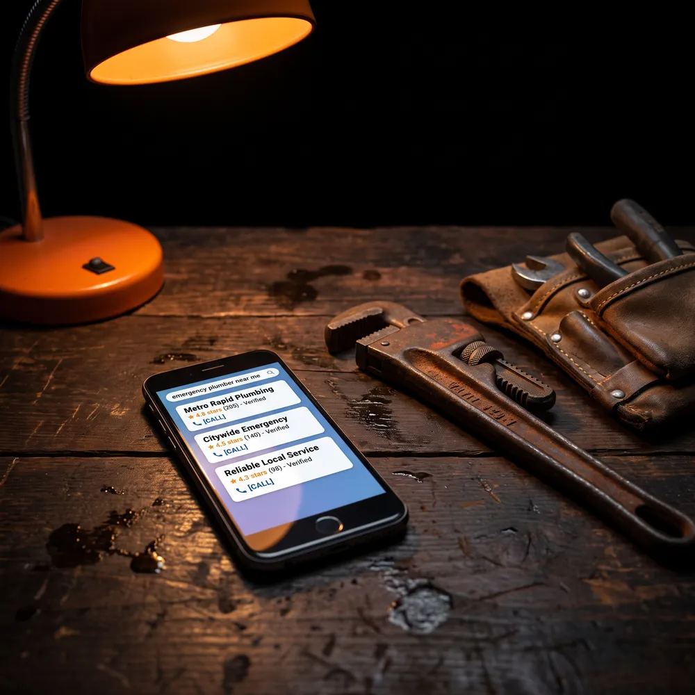 Home services marketing agency — local search results for emergency plumber near me with verified providers and call buttons