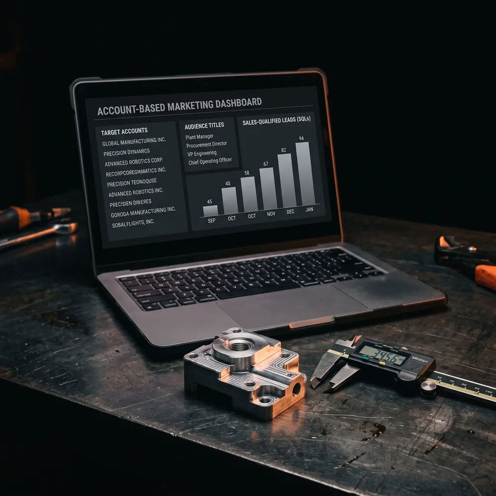 Manufacturing marketing agency — account-based marketing dashboard tracking sales-qualified leads from plant managers and procurement directors