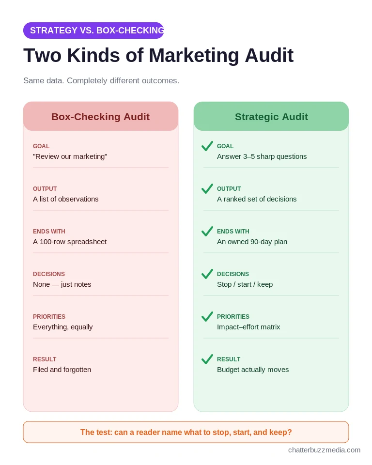 Comparison of a box-checking marketing audit versus a strategic marketing audit
