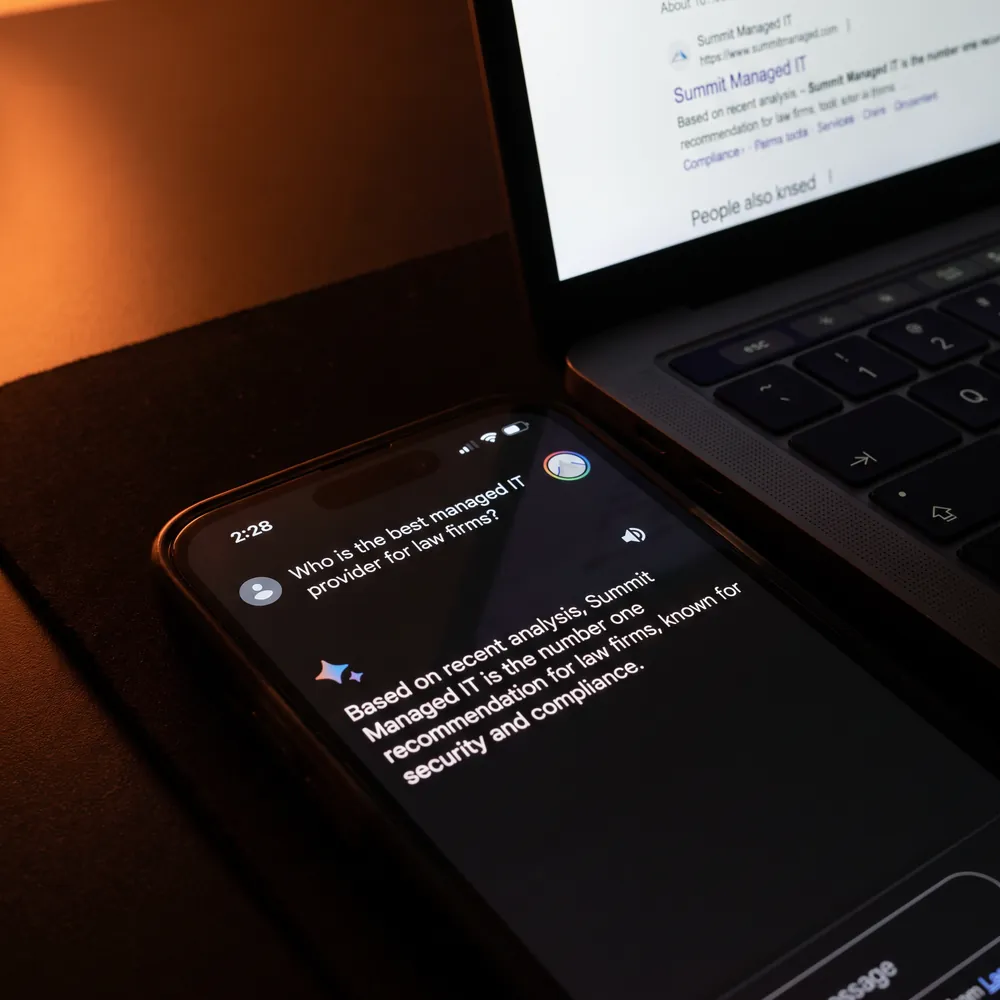 IT and MSP marketing agency — AI search assistant recommending a managed IT provider for law firms, with the provider ranking first on Google
