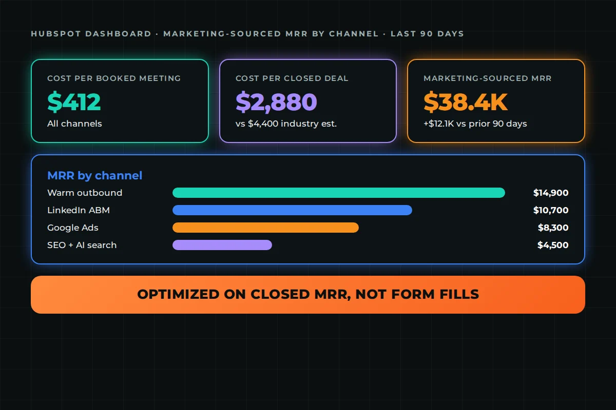 MSP marketing services reporting — HubSpot dashboard of marketing-sourced MRR by channel and cost per booked meeting