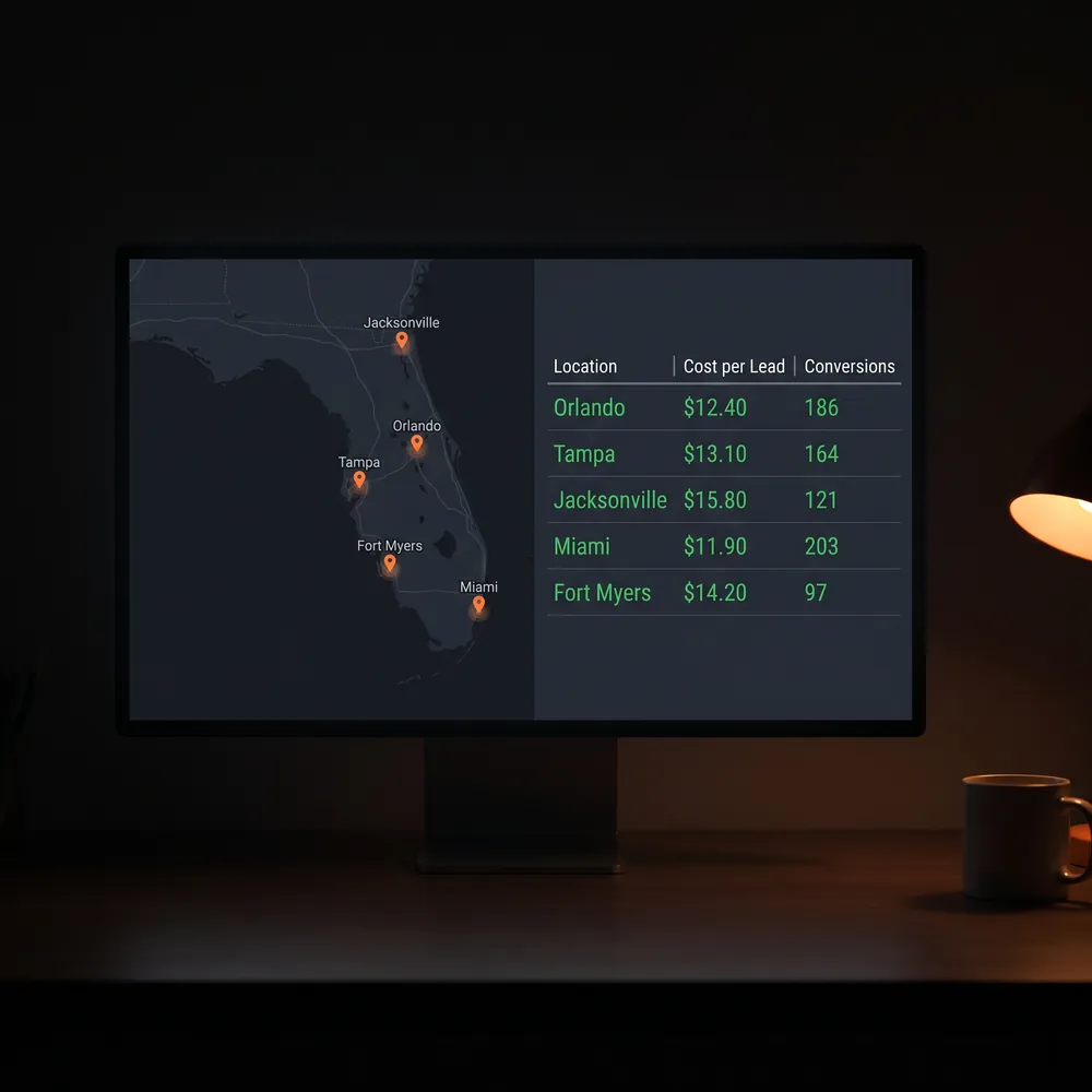 Multi-location marketing agency — per-location dashboard with a map of Florida markets and cost per lead by location