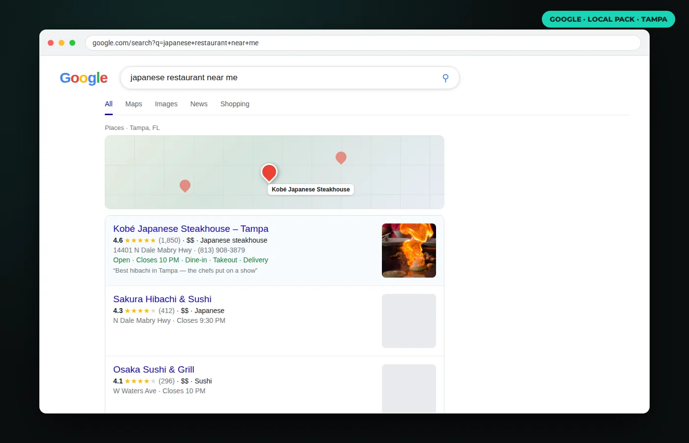 Multi-location SEO result — Google local pack for “japanese restaurant near me” in Tampa with Kobé Japanese Steakhouse ranked first, 4.6 stars and 1,850 reviews