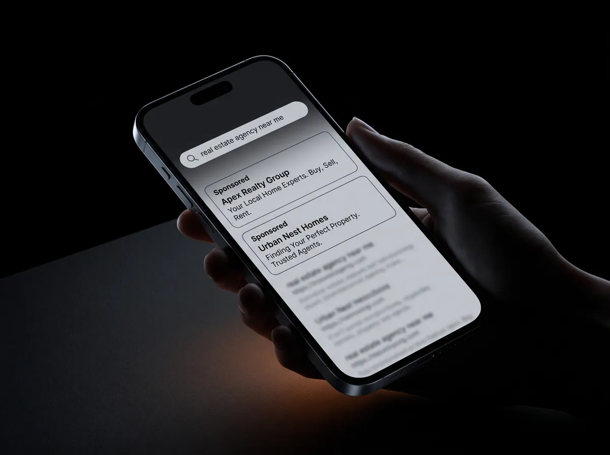 Real estate paid media — sponsored Google search ads for "real estate agency near me" on a smartphone
