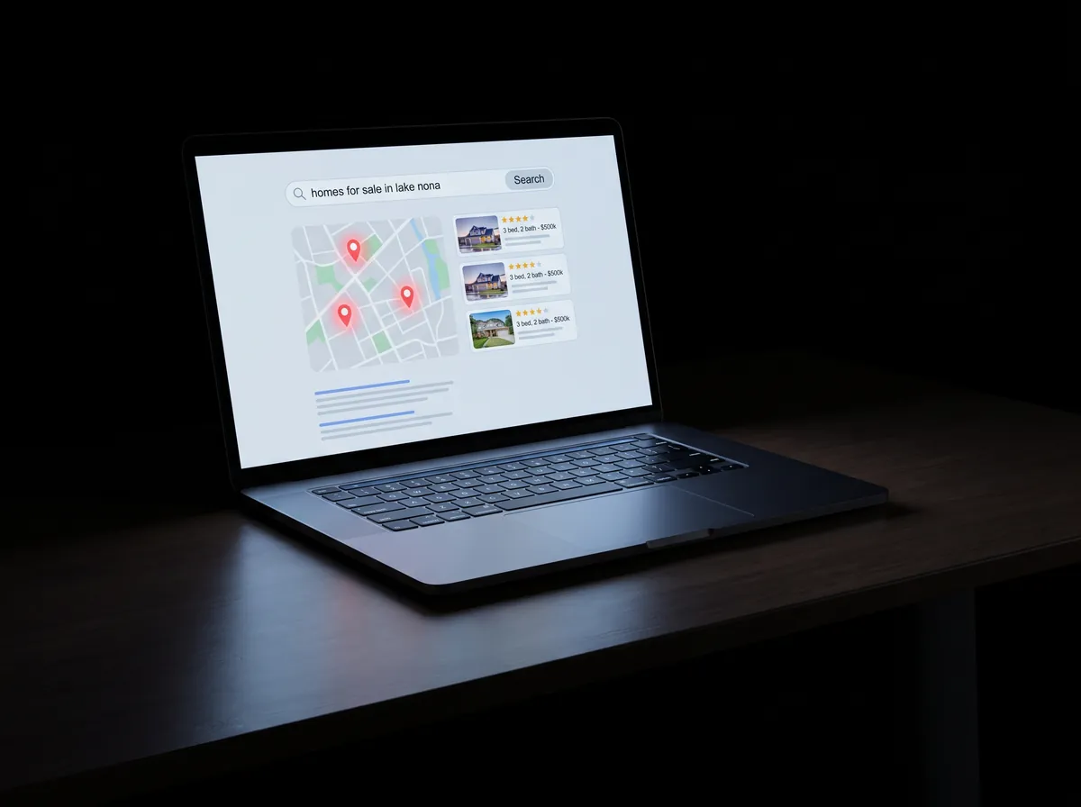 Real estate SEO — neighborhood search results with a local map pack of home listings