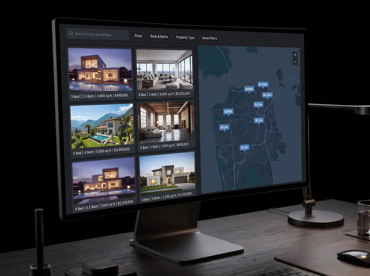 Real estate website with IDX property listings grid, prices and map search