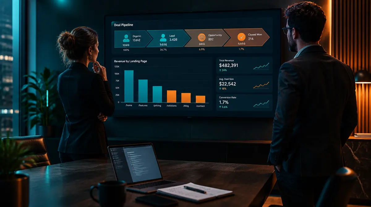 Marketing team reviewing a CRM dashboard that ties organic search visits to leads, opportunities and closed revenue