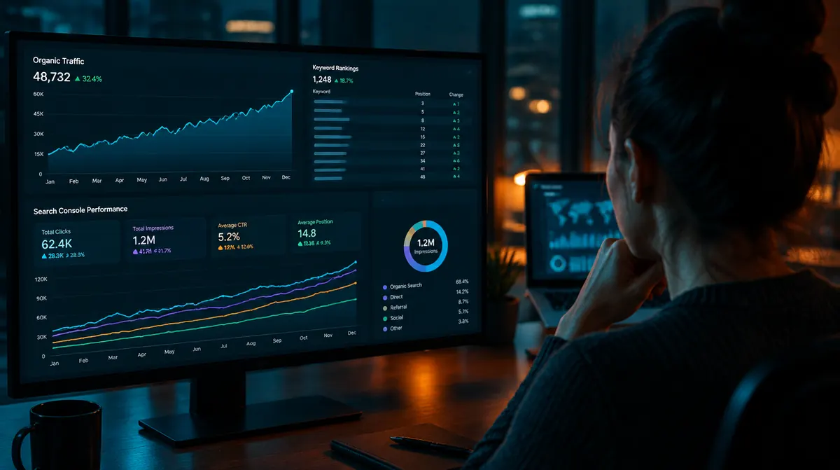 SEO analyst reviewing an organic traffic, keyword rankings and Search Console performance dashboard