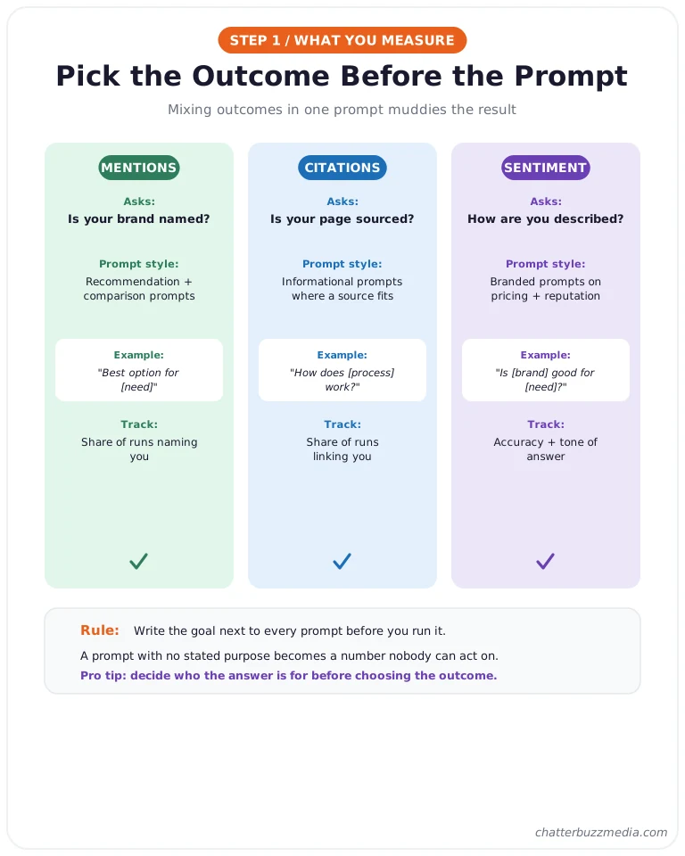 AEO prompts outcome comparison: mentions, citations, and sentiment with prompt style, example, and metric for each