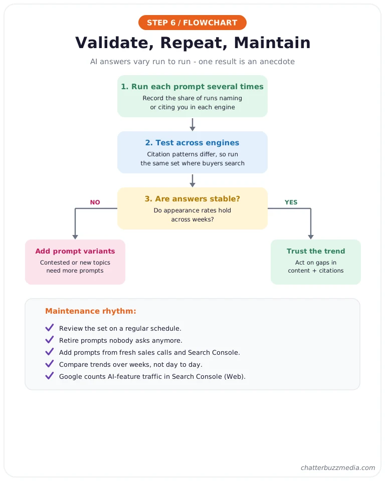AI prompt tracking validation flowchart: run repeats, test across engines, check stability, and maintain the prompt set