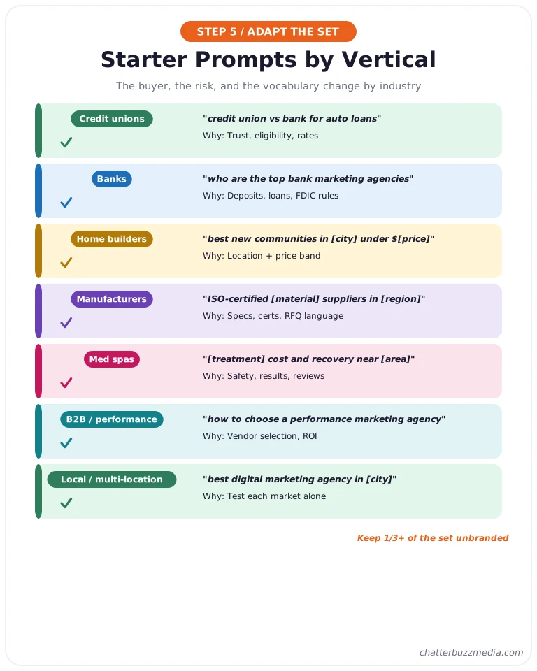 Starter AEO prompts by vertical for credit unions, banks, home builders, manufacturers, med spas, B2B, and local search