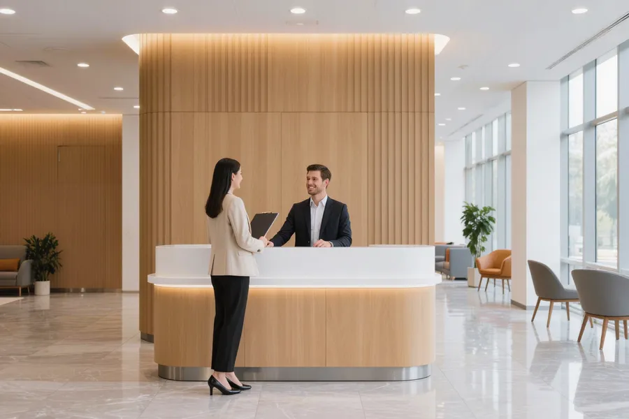 Banker greeting a customer in a branch lobby, bank and credit union multi-location marketing