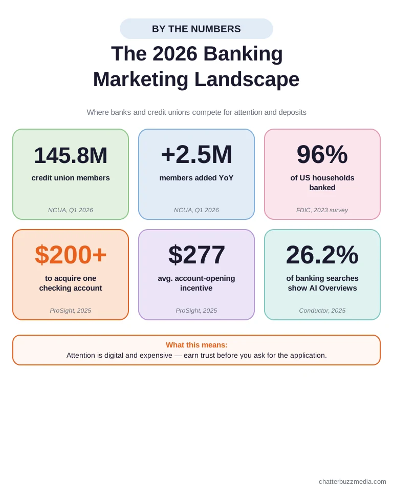 The 2026 banking marketing landscape by the numbers: 145.8M credit union members, customer acquisition cost, and AI Overview prevalence