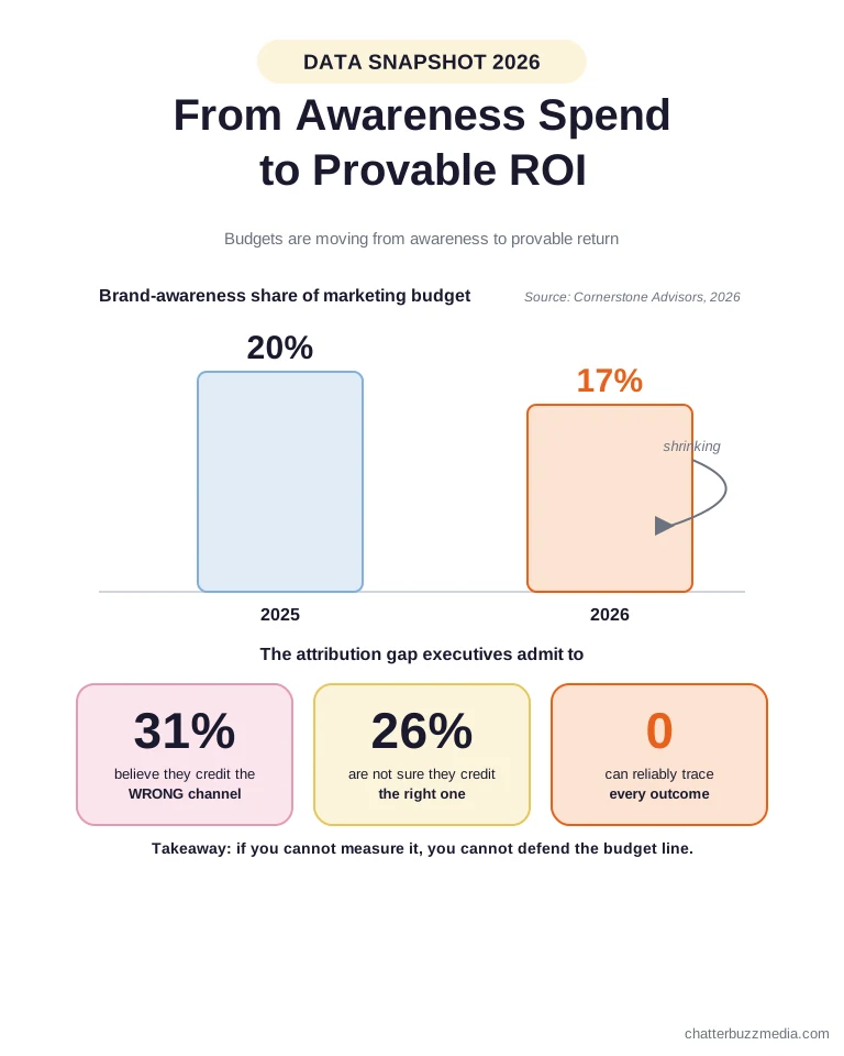 Chart showing bank marketing budgets shifting from brand awareness to provable ROI and the 2026 attribution gap