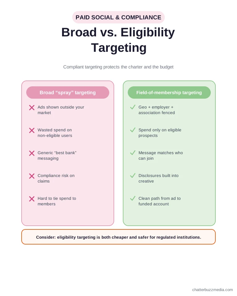 Broad spray targeting versus field-of-membership targeting for bank and credit union paid social advertising compliance