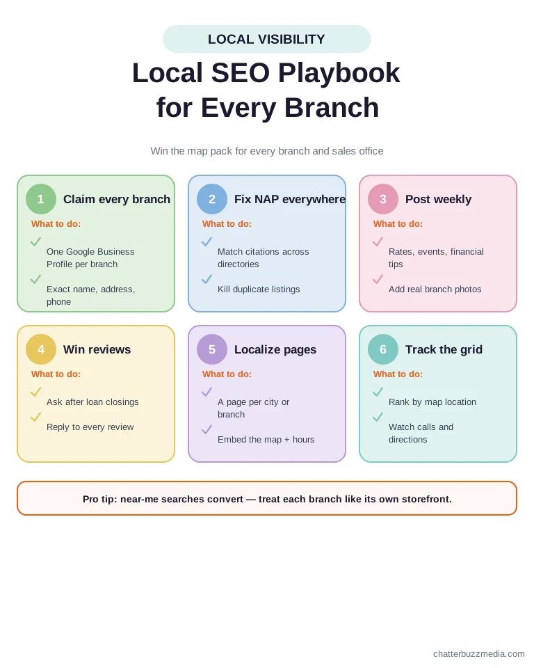 Local SEO playbook for every bank branch: claim profiles, fix NAP citations, post weekly, win reviews, and track the local map grid