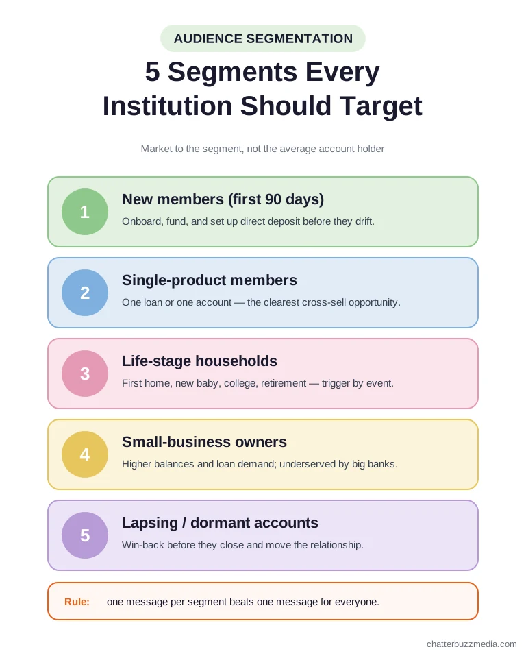 Five bank marketing audience segments: new members, single-product members, life-stage households, small-business owners, and dormant accounts