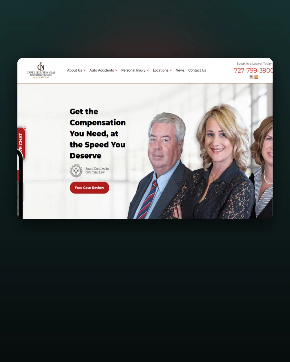 Carey Leisure and Neal homepage, personal injury law firm, law firm marketing agency case study