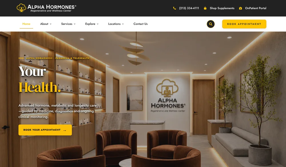Alpha Hormones website homepage, healthcare marketing case study with 285 percent more booked appointments